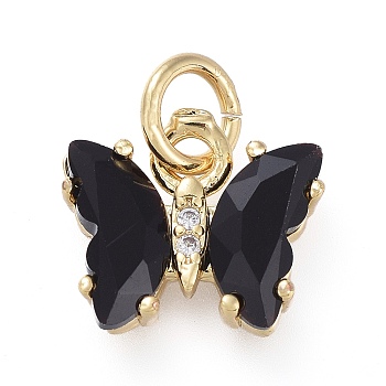 Brass Micro Pave Clear Cubic Zirconia Pendant, with Glass, Butterfly, Golden, Black, 12.5mm