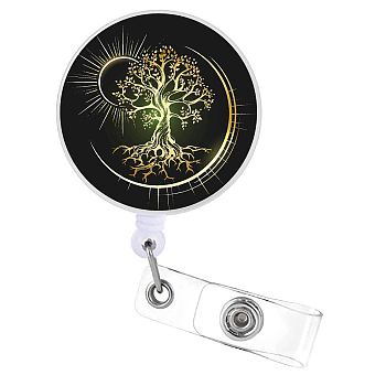 Flat Round ABS Plastic Badge Reel, Retractable Badge Holder, with Alligator Clip, Tree of Life Pattern, 82x33mm