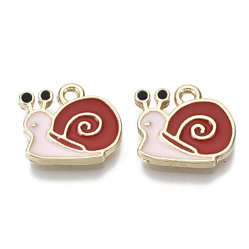 Eco-Friendly Zinc Alloy Charms, with Enamel, Cadmium Free & Nickel Free & Lead Free, Snail, Light Gold, Red, 12x14x2mm, Hole: 1.6mm