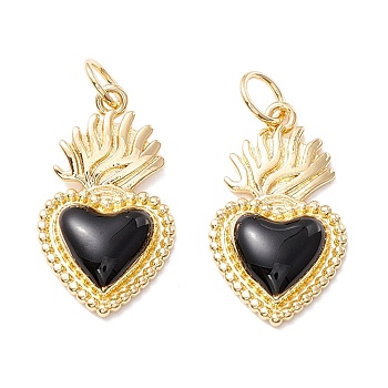 Golden Tone Brass Enamel Pendants, with Jump Rings, Long-Lasting Plated, Heart, Black, 22x12x3mm, Hole: 3mm