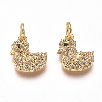 Brass Micro Pave Cubic Zirconia Charms, with Jump Rings, Duck, Clear & Black, Golden, 12x10.5x3mm, Hole: 3mm