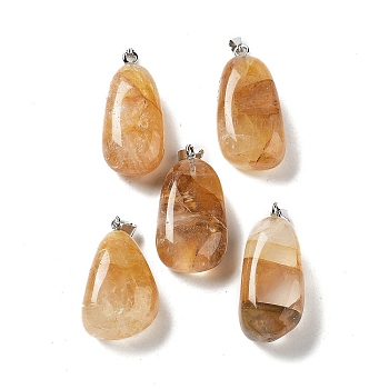 Natural Yellow Hematoid Quartz Pendants, Nuggets Charms with Stainless Steel Color Plated 201 Stainless Steel Snap on Bails, 29.5~37x15~18x8~12mm, Hole: 5x3mm