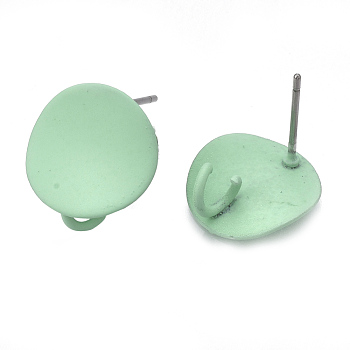 Spray Painted Iron Stud Earring Findings, with Steel Pins and Loop, Flat Round, Aquamarine, 13mm, Hole: 3mm, Pin: 0.7mm