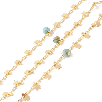 Natural Turquoise Column Beaded Chains, with Brass Paperclip Chains and Star Charm, Soldered, with Spool, Lead Free & Cadmium Free, Golden, 2x1x0.5mm, 5x3x1mm