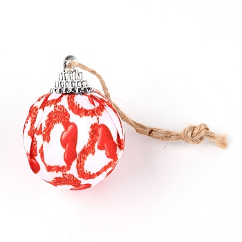 Foam Ball, with Plastic and Cloth Findings, Christmas Tree Decorations, with Hemp Rope, Round, Heart Pattern, 133mm
