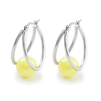 304 Stainless Steel & Plastic Imitation Pearl Oval with Ball Hoop Earrings for Women, with 316 Stainless Steel Pins, Yellow, 32x15.5x19.5mm