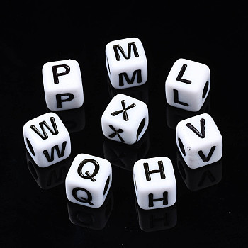 Opaque Acrylic Beads, Cube with Alphabet, Random Mixed Letters, 10x10x10mm, Hole: 5mm, about 628pcs/500g