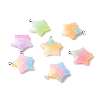 Opaque Resin Pendants, with Platinum Tone Iron Loop & Glitter Powder, Gradient Color, Star, Mixed Color, 28x25.5x5.5mm, Hole: 1.5mm