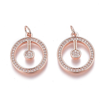 Brass Micro Pave Clear Cubic Zirconia Pendants, Long-Lasting Plated, With Jump Rings, Flat Round, Rose Gold, 19x16x2mm, Hole: 3mm, Jump Ring: 5x1mm