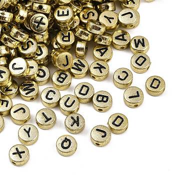 Opaque Acrylic Beads, Flat Round with Letter, Pale Goldenrod, 7x3.5mm, Hole: 1.5mm, about 3600pcs/500g
