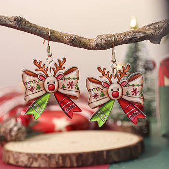 Christmas Theme Iron Acrylic Dangle Earrings, Bowknot, Light Gold, PeachPuff, 55x35mm