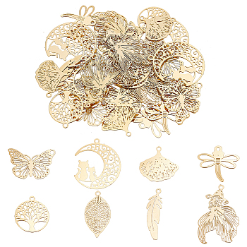 48Pcs 8 Style Rack Plating 201 & 304 Stainless Steel Filigree Pendants, Etched Metal Embellishments, Nickel Free, Mixed Shapes, Real 18K Gold Plated, 12~27x6~19x0.4mm, hole: 1.2mm, 6pcs/style