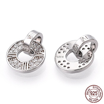 Rhodium Plated 925 Sterling Silver Micro Pave Cubic Zirconia Charms, Donut, Nickel Free, with S925 Stamp, Real Platinum Plated, 13x10.5x6.5mm, Hole: 4.5mm