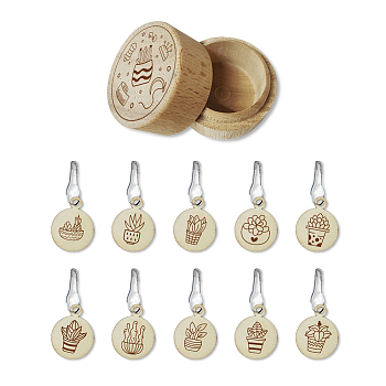 20Pcs 10 Style Round Wood Locking Stitch Markers, with Gourd Safety Pins & 2Pcs Storage Box, Box: 5.5cm, Marker: 20mm