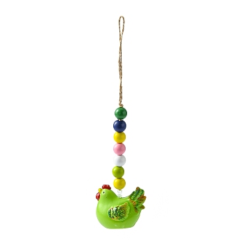Easter Theme Plastic Hen Pendant Decorations, with Hemp Rope & Wooden Beads, Yellow Green, 250mm