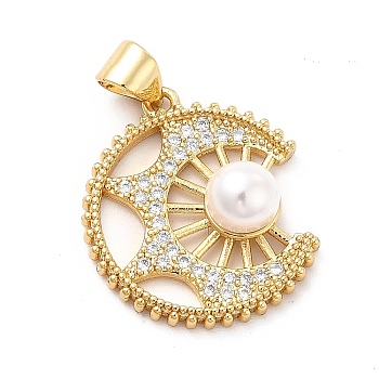 Brass Micro Pave Clear Cubic Zirconia Pendants, with ABS Plastic Imitation Pearl, Golden, Moon Charm, Snow, 21x18.5x6.5mm, Hole: 3.5x4.5mm