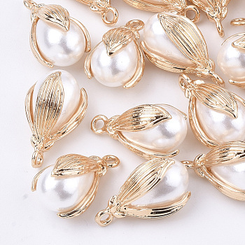 ABS Plastic Imitation Pearl Pendants, with Light Gold Plated Alloy Findings, Long-Lasting Plated, Teardrop, White, 21x13x12mm, Hole: 1.8mm