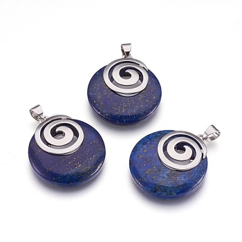 Natural Lapis Lazuli Pendants, with Platinum Tone Brass Findings, Flat Round, 32x28x6mm, Hole: 4x5mm
