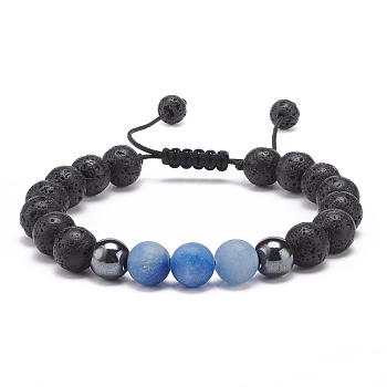 Natural Blue Aventurine & Lava Rock & Synthetic Hematite Round Braided Bead Bracelet, Essential Oil Gemstone Jewelry for Women, Inner Diameter: 2~3 inch(5~7.6cm)
