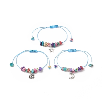 3Pcs 3 Style Moon & Star & Sun Charm Bracelets Set, Synthetic Turquoise Chips Braided Bead Bracelest for Women, Colorful, Inner Diameter: 3/8~3-5/8 inch(1.1~9.1cm), 1Pc/style