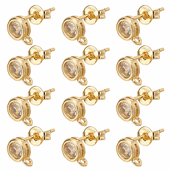 6 Pairs Rack Plating Brass Micro Pave Cubic Zirconia Stud Earring Findings, with Vertical Loops, Flat Round, Cadmium Free & Nickel Free & Lead Free, Golden, 7.5x5mm, Hole: 0.8mm, Pin: 0.7mm