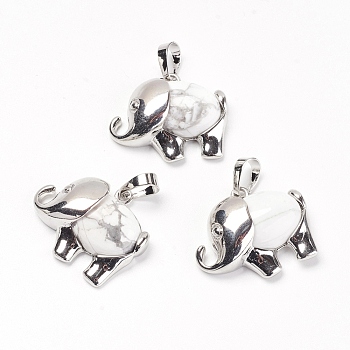 Natural Howlite Pendants, with Brass Findings, Elephant, Platinum, 22.5x27x8mm, Hole: 5x8mm
