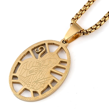 304 Stainless Steel Hollow Catholic Saint Benedict Oval Pendant Box Chain Necklaces, Real 18K Gold Plated, 23.62 inch(60cm)