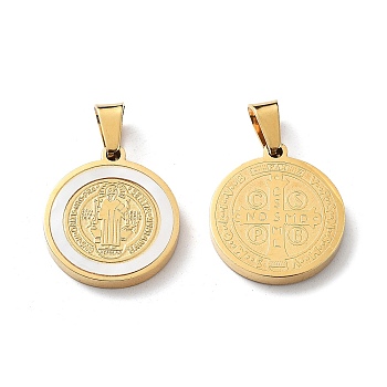 304 Stainless Steel Pendants, with Shell, Flat Round with Saint Benedict, Golden, 20x18x2.5mm, Hole: 6.5x4.5mm