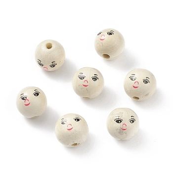 (Defective Closeout Sale: Marking) Printed Natural Wood European Beads, Undyed, Large Hole Beads, Round with Expression Pattern, PapayaWhip, 17~18x17mm, Hole: 4mm