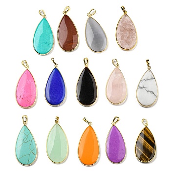 Mixed Gemstone & Glass & Cat Eye Pendants, Teardrop Charms with Rack Plating Golden Plated Brass Findings, Mixed Color, 42.5x21x4.5mm, Hole: 7x4mm