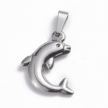 201 Stainless Steel Pendants, Dolphin, Stainless Steel Color, 21.5x15.5x3.5mm, Hole: 2.5x6.5mm
