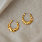 304 Stainless Steel Textured Oval Hoop Earrings for Women, Real 18K Gold Plated, 21.6x20mm(NR0139)