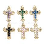 Brass Micro Pave Cubic Zirconia Pendants, Long-Lasting Plated, Cadmium Free & Lead Free, Cross Charm, Real 18K Gold Plated, Mixed Color, 23x16x2.5mm, Hole: 1.4mm(KK-P342-15G)