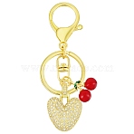 Brass Micro Pave Clear Cubic Zirconia Letter Pendant Keychain, Alloy Key Ring and Lampwork Cherry Charms for Bag Ornaments, Letter V, 87mm, pendant: 28mm(KEYC-SW00015-V)