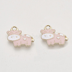 Alloy Enamel Pendants, Light Gold, Cow, Pink, 16x19x2.5mm, Hole: 2.5mm(X-ENAM-S119-005E)