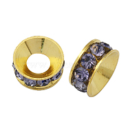 Brass Rhinestone Spacer Beads, Grade A, Rondelle, Golden Metal Color, Violet, 9x4mm, Hole: 4mm(RB-A020-9mm-26G)