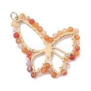 Natural Carnelian Faceted Pendants, 201 Stainless Steel Butterfly Charms, Golden, 34x36x3mm, Hole: 3.6mm(PALLOY-JF02564-03)