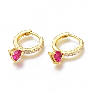 Brass Micro Pave Cubic Zirconia Huggie Hoop Earrings, Long-Lasting Plated, Ring with Heart, Golden, Fuchsia, 21mm, Pin: 1x0.7mm(ZIRC-H102-14C-G)