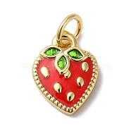 Rack Plating Brass Enamel Charms, with Jump Ring, Long-Lasting Plated, Lead Free & Cadmium Free, Real 18K Gold Plated, Strawberry Charm, Red, 12x9x2mm, Hole: 3.5mm(KK-B092-25G)