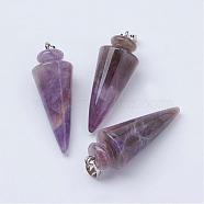 Natural Amethyst Pendants, with Platinum Tone Brass Findings, Cone/Spike/Pendulum, 43~45x16mm, Hole: 5x7mm(G-P236-07)
