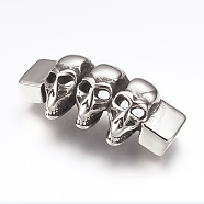 316 Surgical Stainless Steel Slide Charms, Three Skull, Antique Silver, 54x24x12mm, Hole: 6.5x12.5mm(STAS-F133-71AS)