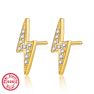 925 Sterling Silver Rhinestone Stud Earrings, Real 18K Gold Plated, with with S925 Stamp, Lightning Bolt, 11x3mm(YM3163-2)