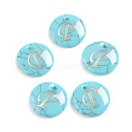 Synthetic Turquoise Charms, with Plastic Letter, Flat Round, Letter.P, 15x2mm, Hole: 1.5mm(G-L561-001P)