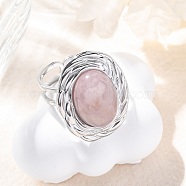 Oval Natural Rose Quartz Finger Rings, 304 Stainless Steel Cuff Rings for Women, Stainless Steel Color, oval: 22x17.5mm, Adjustable(RJEW-M063-01P-11)