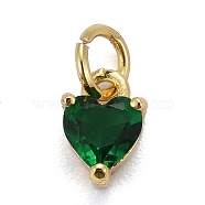 Brass Micro Pave Cubic Zirconia Charms, Long-Lasting Plated, Real 18K Gold Plated, Heart, Green, 8x5x3.5mm, Hole: 3mm(X-KK-P192-08-G06)