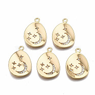 Brass Micro Pave Clear Cubic Zirconia Pendants, Nickel Free, Oval with Moon and Star, Real 18K Gold Plated, 22x15.5x3mm, Hole: 1.8mm(KK-T063-73G-NF)