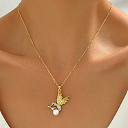 Delicate and Lovely Bird Brass Cubic Zirconia & Imitation Pearl Pendant Necklaces for Women, Golden, 17.32 inch(44cm)(KD2617)