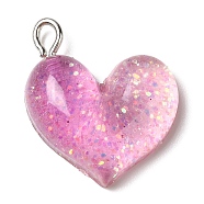 Gradient Color Transparent Resin Pendants, Glitter Heart Charms, with Platinum Plated Iron Loops, Violet, 21x19.5x6mm, Hole: 3x2mm(RESI-A023-01B)