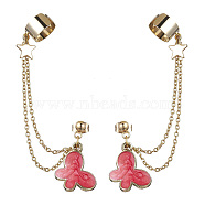 Light Gold 304 Stainless Steel Cuff Earring Chains, Star & Butterfly Alloy Enamel Dangle Stud Earrings Crawler Earrings, Indian Red, 77mm(EJEW-JE05685-04)