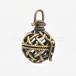 Brass Hollow Cage Pendants, For Chime Ball Pendant Necklace Making, Round, Antique Bronze, 34mm, 26x24x20mm, Hole: 6x6mm, Inner Diameter: 16mm(KK-P141-12)